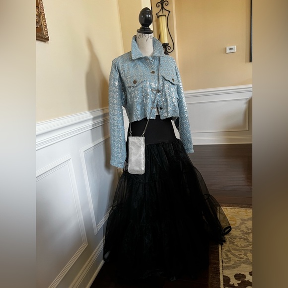 Oversized-Raw edge hem, Sequins Denim/Jeans cropped-Long sleeves Stretch Jacket. - Picture 10 of 16